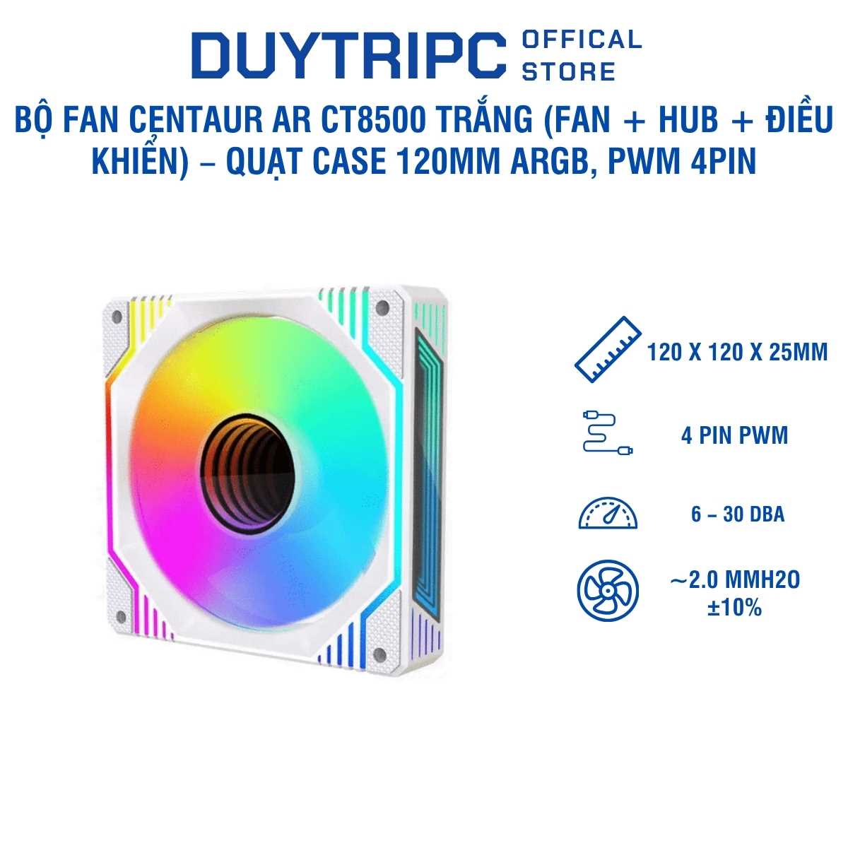 Bộ Fan Centaur AR CT8500 Trắng (Fan + Hub + Điều Khiển) – Quạt Case 120mm ARGB, PWM 4Pin, LED Đẹp, Tản Nhiệt Mạnh